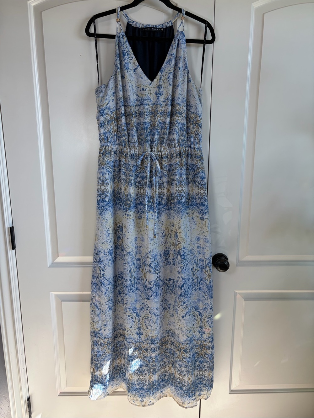 Ivanka Trump Blue Patterned Maxi Dress with Drawstring Waist Gold Accents - Picture 2 of 13